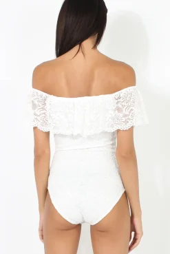 Rebellious Fashion White Lace Frill Bardot Bodysuit - Tonika