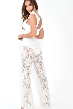 Rebellious Fashion White Lace High Waist Wide Leg Trousers - Irina