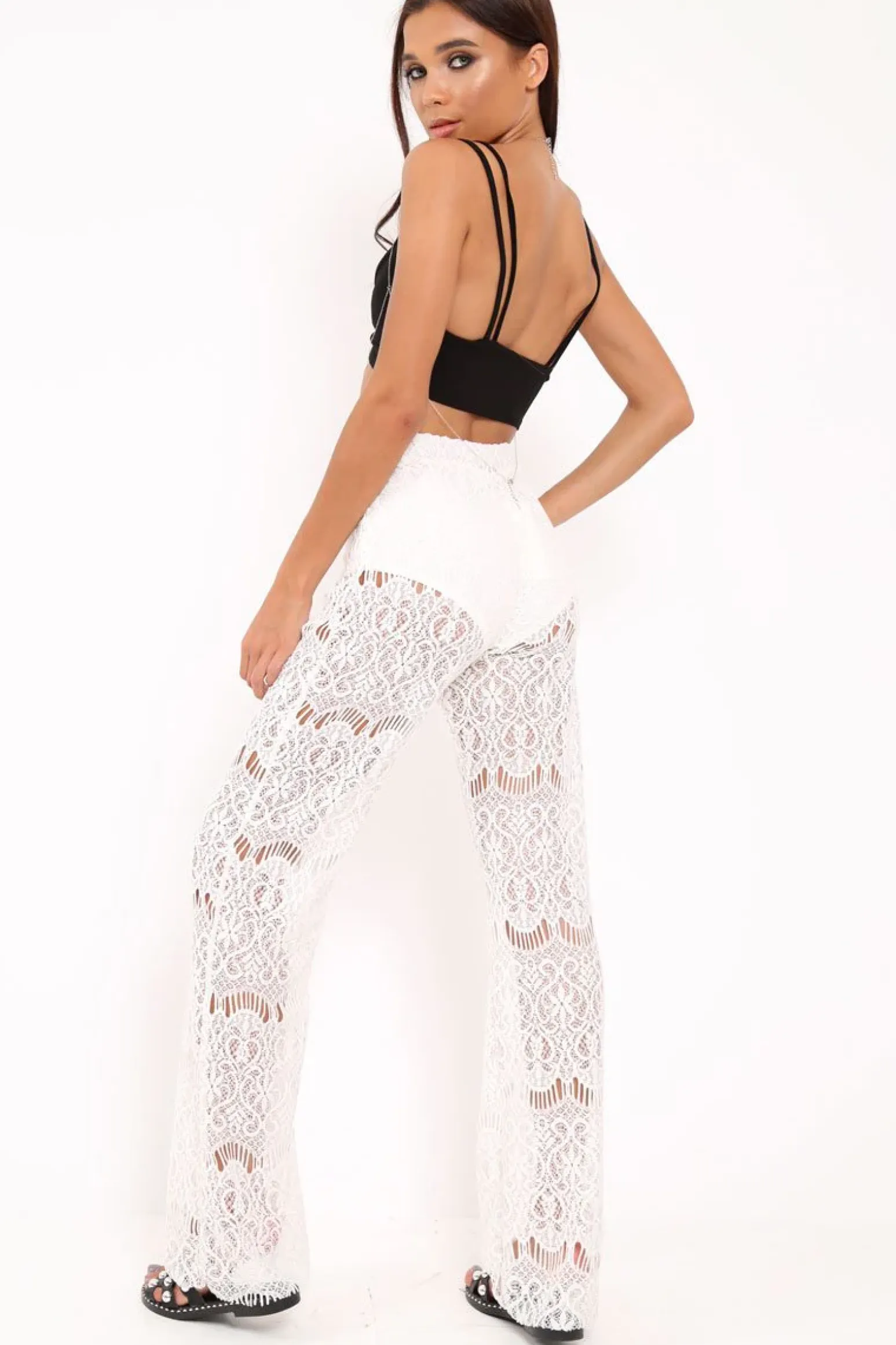 Rebellious Fashion White Lace High Waist Wide Leg Trousers - Adaline