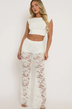 Rebellious Fashion White Lace Kick Flare Trousers - Antonella