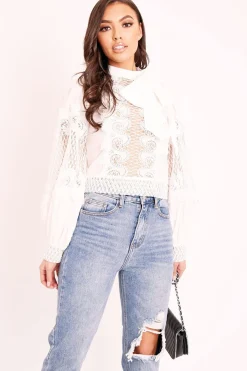 Rebellious Fashion White Lace Panel Neck Tie Blouse - Ophia