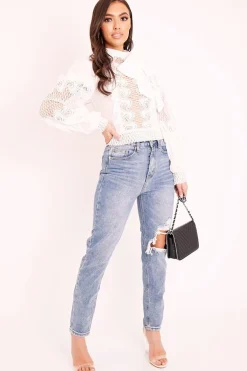 Rebellious Fashion White Lace Panel Neck Tie Blouse - Ophia