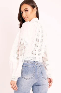 Rebellious Fashion White Lace Panel Neck Tie Blouse - Ophia