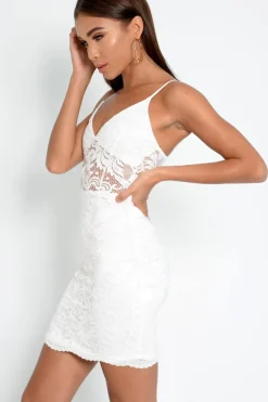 Rebellious Fashion White Lace Plunge Bodycon Dress - Kally