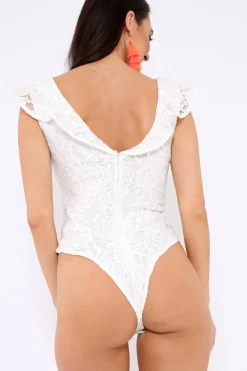 Rebellious Fashion White Lace Plunge Frill Bodysuit - Maelani