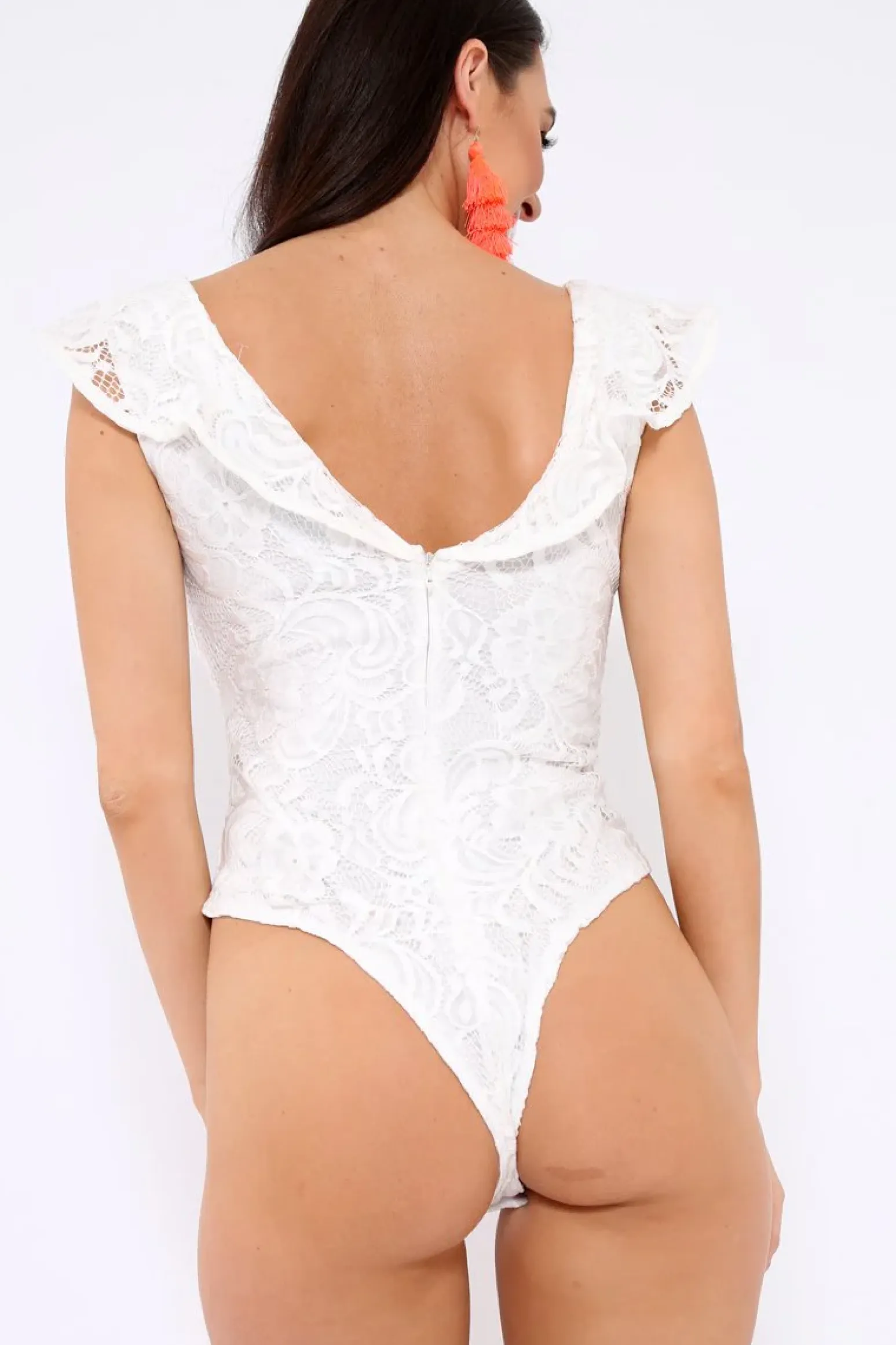 Rebellious Fashion White Lace Plunge Frill Bodysuit - Maelani