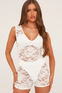 Rebellious Fashion White Lace Plunge Neck Sleeveless Playsuit - Everly