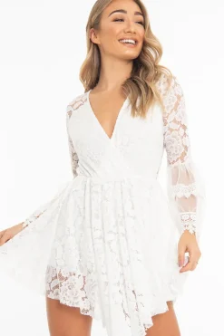Rebellious Fashion White Lace Plunge Wrap Bell Sleeve Mini Dress - Kristina