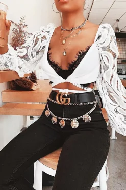 Rebellious Fashion White Lace Puff Sleeve Tie Front Crop Blouse - Nishka