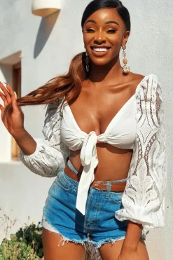 Rebellious Fashion White Lace Puff Sleeve Tie Front Crop Blouse - Nishka