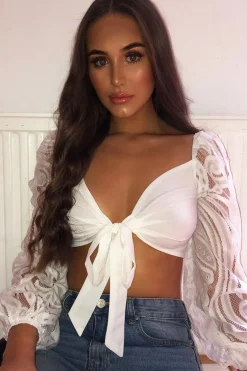 Rebellious Fashion White Lace Puff Sleeve Tie Front Crop Blouse - Nishka