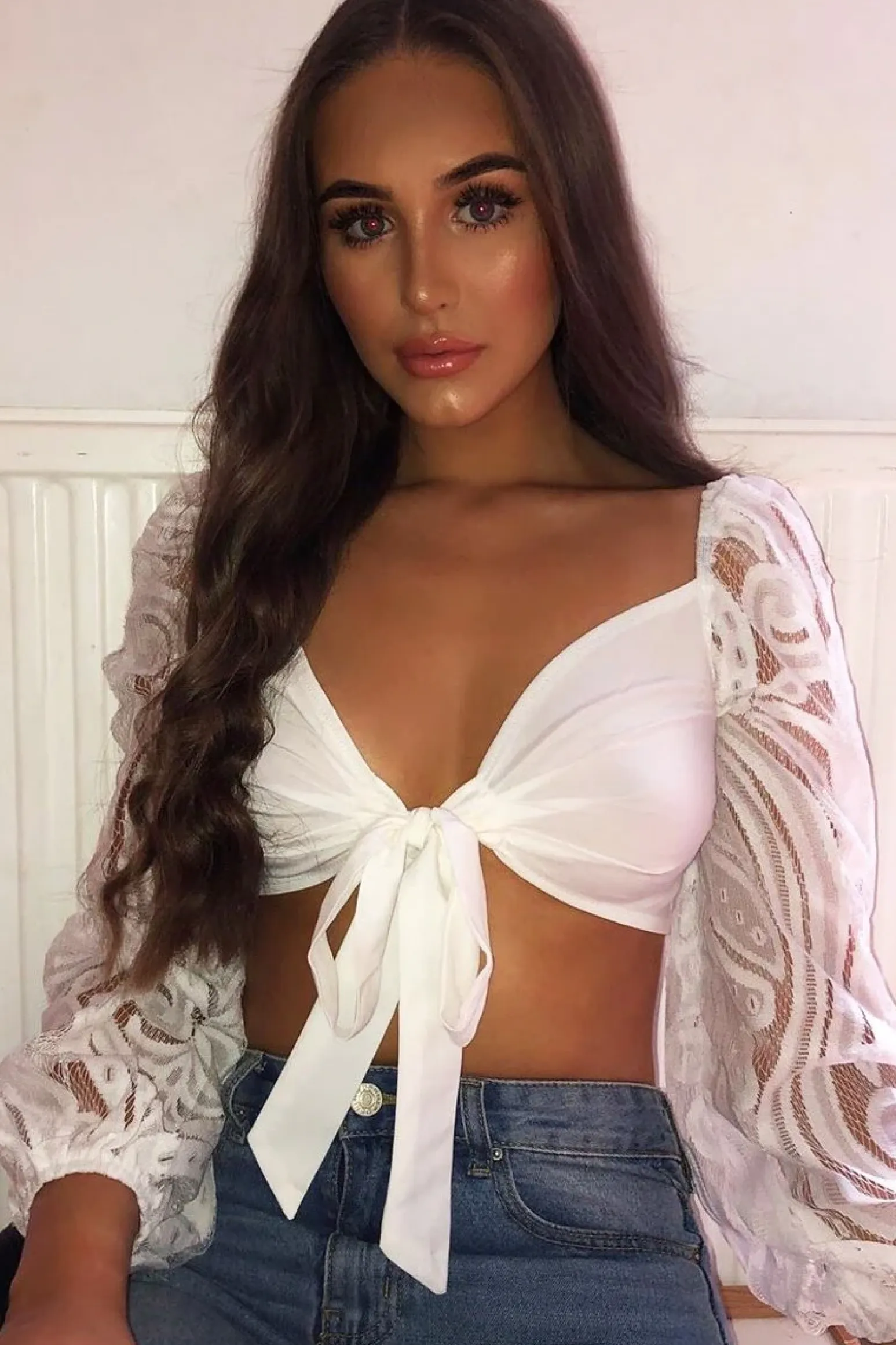 Rebellious Fashion White Lace Puff Sleeve Tie Front Crop Blouse - Nishka