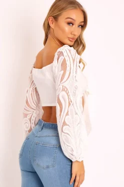 Rebellious Fashion White Lace Puff Sleeve Tie Front Crop Blouse - Nishka