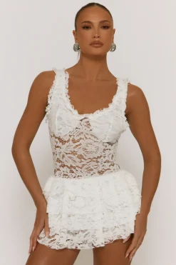Rebellious Fashion White Lace Ruffle Tiered Playsuit - Marjorie