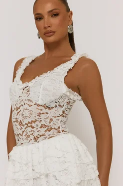 Rebellious Fashion White Lace Ruffle Tiered Playsuit - Marjorie
