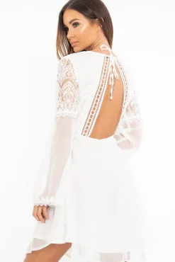 Rebellious Fashion White Lace Sheer Detail Plunge Skater Dress - Mayci