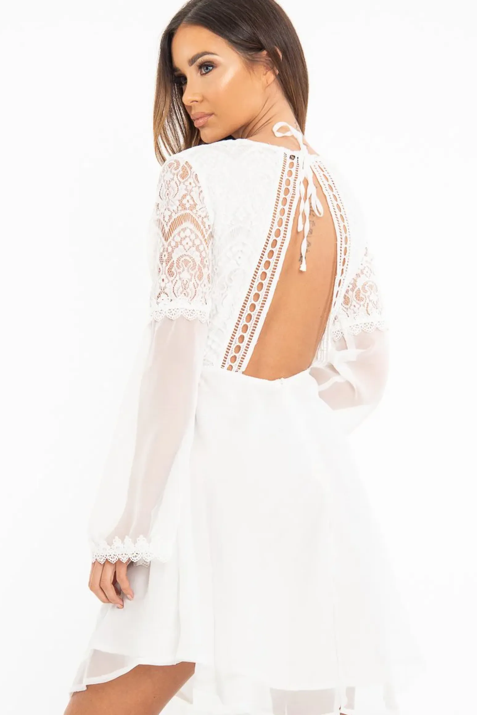Rebellious Fashion White Lace Sheer Detail Plunge Skater Dress - Mayci