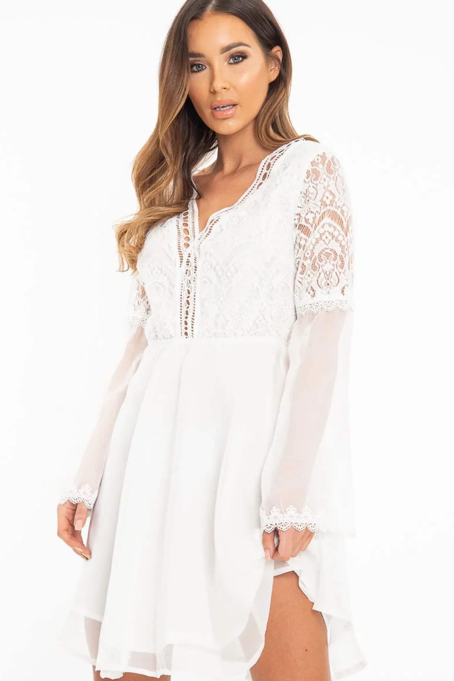 Rebellious Fashion White Lace Sheer Detail Plunge Skater Dress - Mayci
