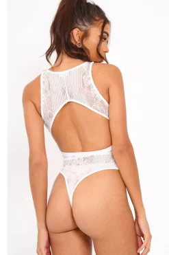 Rebellious Fashion White Lace Sleeveless Open Back Bodysuit - Molina
