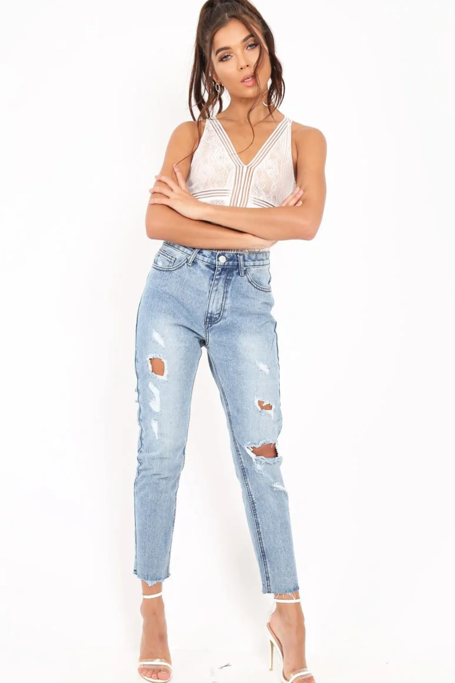 Rebellious Fashion White Lace Sleeveless Open Back Bodysuit - Molina