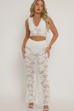 Rebellious Fashion White Lace Top and Kick flare Trouser Co-Ord Set - Uma
