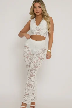Rebellious Fashion White Lace Top and Kick flare Trouser Co-Ord Set - Uma