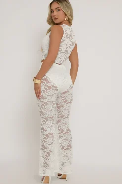 Rebellious Fashion White Lace Top and Kick flare Trouser Co-Ord Set - Uma