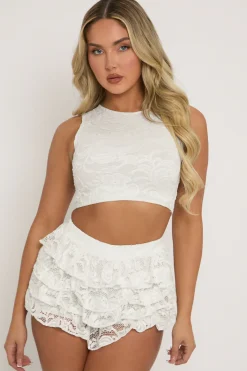 Rebellious Fashion White Lace Top and Ruffle Skort Co-ord Set - Doreen