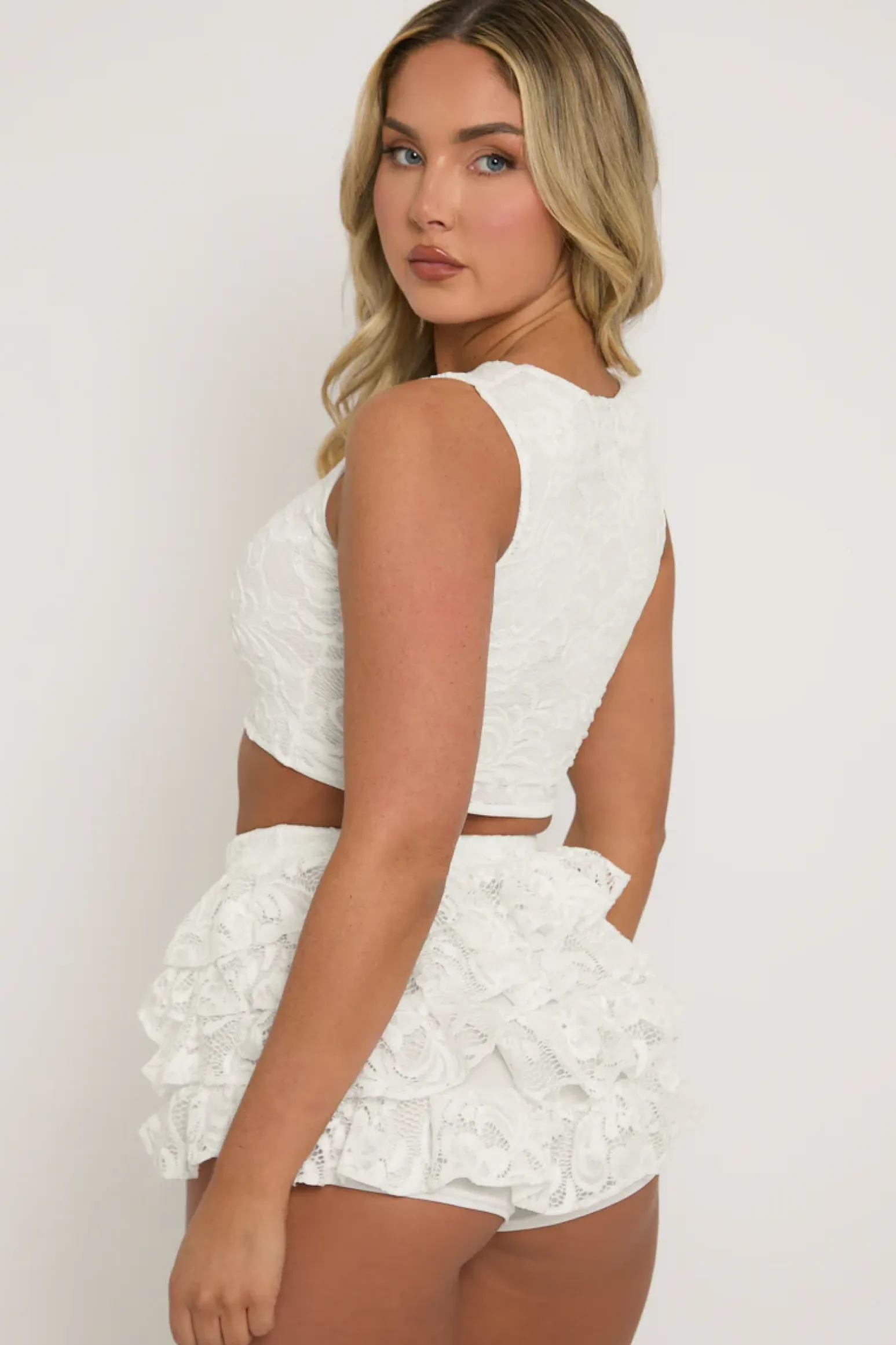 Rebellious Fashion White Lace Top and Ruffle Skort Co-ord Set - Doreen