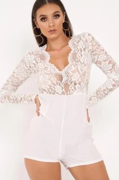 Rebellious Fashion White Lace Top Plunge Playsuit - Nicha