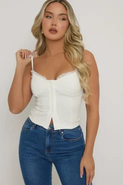 Rebellious Fashion White Lace Trim Button Down Corset Top - Merilyn