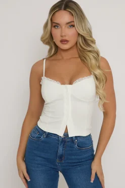 Rebellious Fashion White Lace Trim Button Down Corset Top - Merilyn