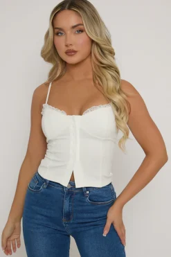 Rebellious Fashion White Lace Trim Button Down Corset Top - Merilyn