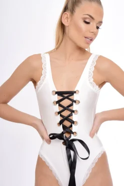 Rebellious Fashion White Lace Trim Ribbon Lace Up Bodysuit - Shanna