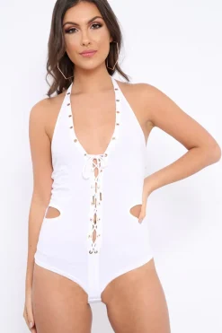 Rebellious Fashion White Lace Up Front And Cut Out Side Bodysuit - Jaslin