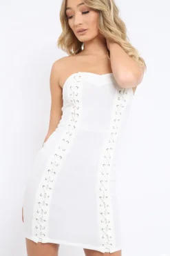 Rebellious Fashion White Lace Up Front Bandeau Mini Dress - Lily
