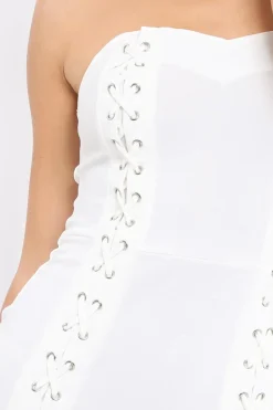 Rebellious Fashion White Lace Up Front Bandeau Mini Dress - Lily