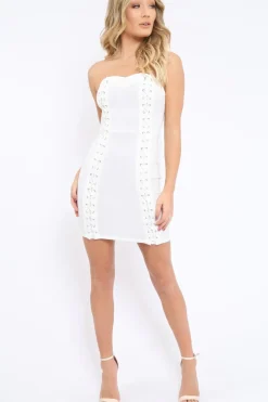 Rebellious Fashion White Lace Up Front Bandeau Mini Dress - Lily