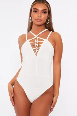 Rebellious Fashion White Lace Up Front Bodysuit - Gea