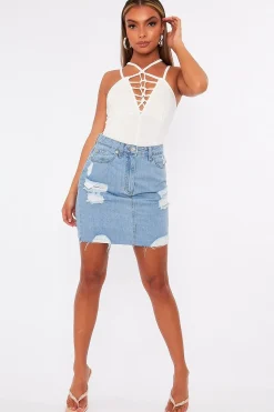 Rebellious Fashion White Lace Up Front Bodysuit - Gea