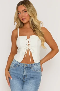 Rebellious Fashion White Lace Up Front Cami Top - Denise