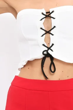 Rebellious Fashion White Lace Up Front Frill Bandeau Crop Top - Cyndi