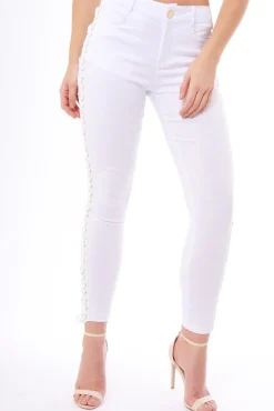 Rebellious Fashion White Lace Up Sides Skinny Denim Jeans - Mallie