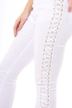 Rebellious Fashion White Lace Up Sides Skinny Denim Jeans - Mallie