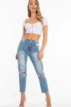 Rebellious Fashion White Lace Up Sweetheart Puff Sleeve Crop Top - Kandis