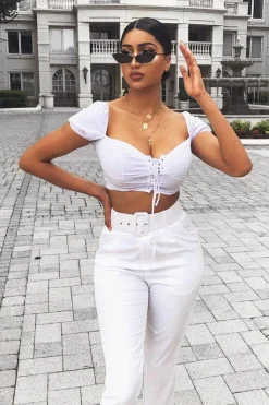 Rebellious Fashion White Lace Up Sweetheart Puff Sleeve Crop Top - Kandis