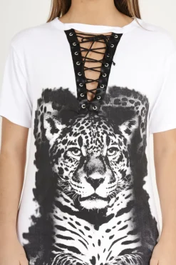 Rebellious Fashion White Lace Up Tiger T-shirt Dress - Mali