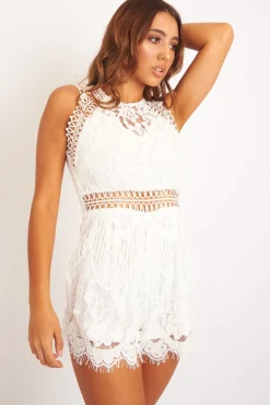 Rebellious Fashion White Lace Zip Back Playsuit - Eaden