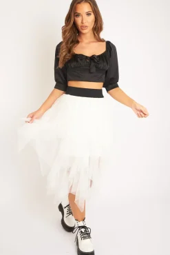 Rebellious Fashion White Layered Tulle Midi Skirt - Laveta