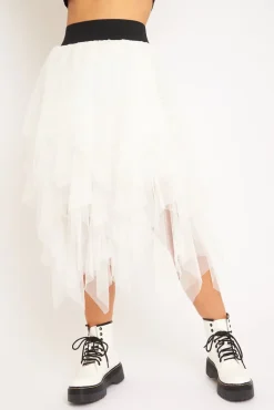 Rebellious Fashion White Layered Tulle Midi Skirt - Laveta